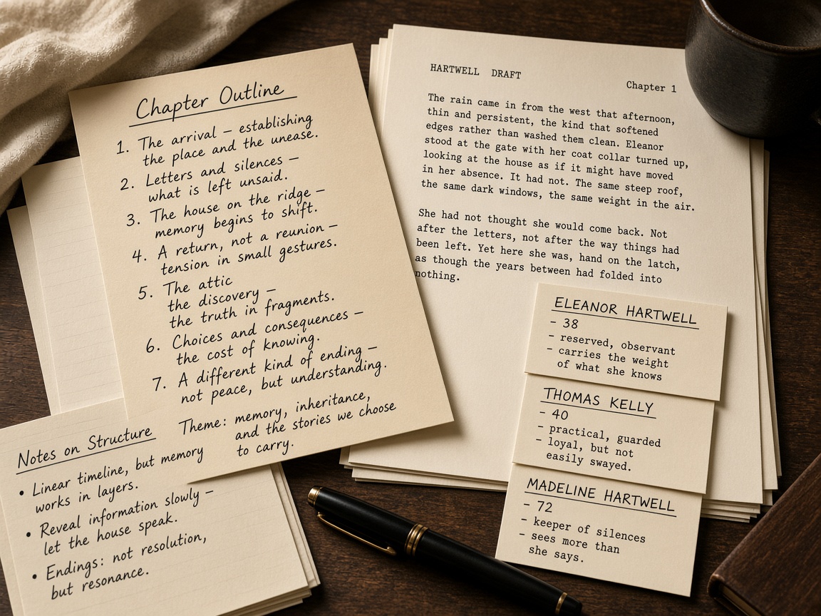 Chapter outlines and manuscript pages on a desk